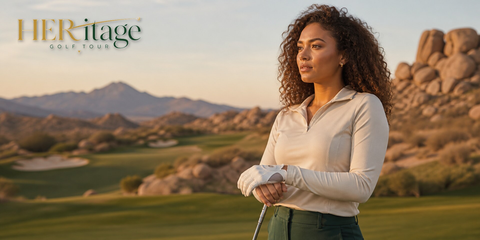HERitage Golf Tour player on a desert golf course at sunset