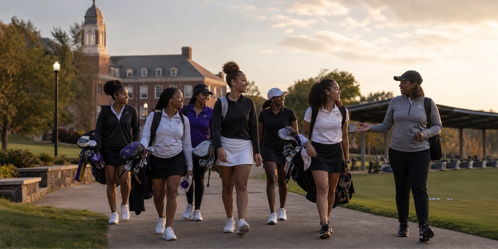 A team of HBCU women golfers walking together on campus with their coach