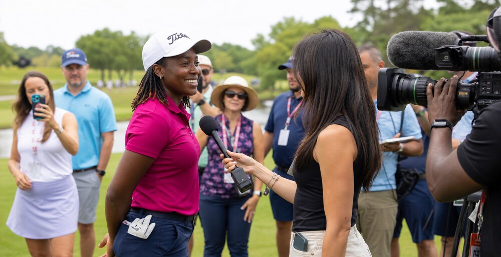 A HERitage Golf Tour player being interviewed by media after her round