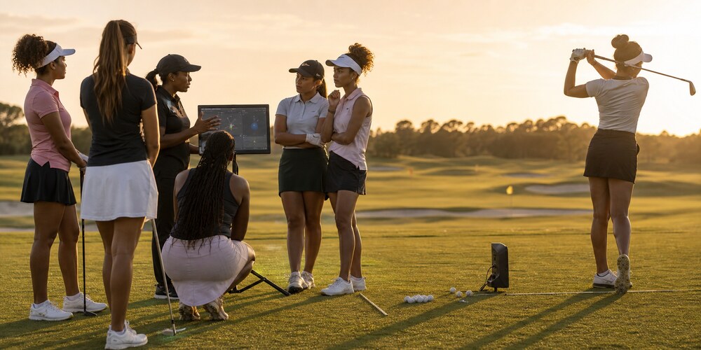 Coaches and players reviewing swing data together on the range at sunset