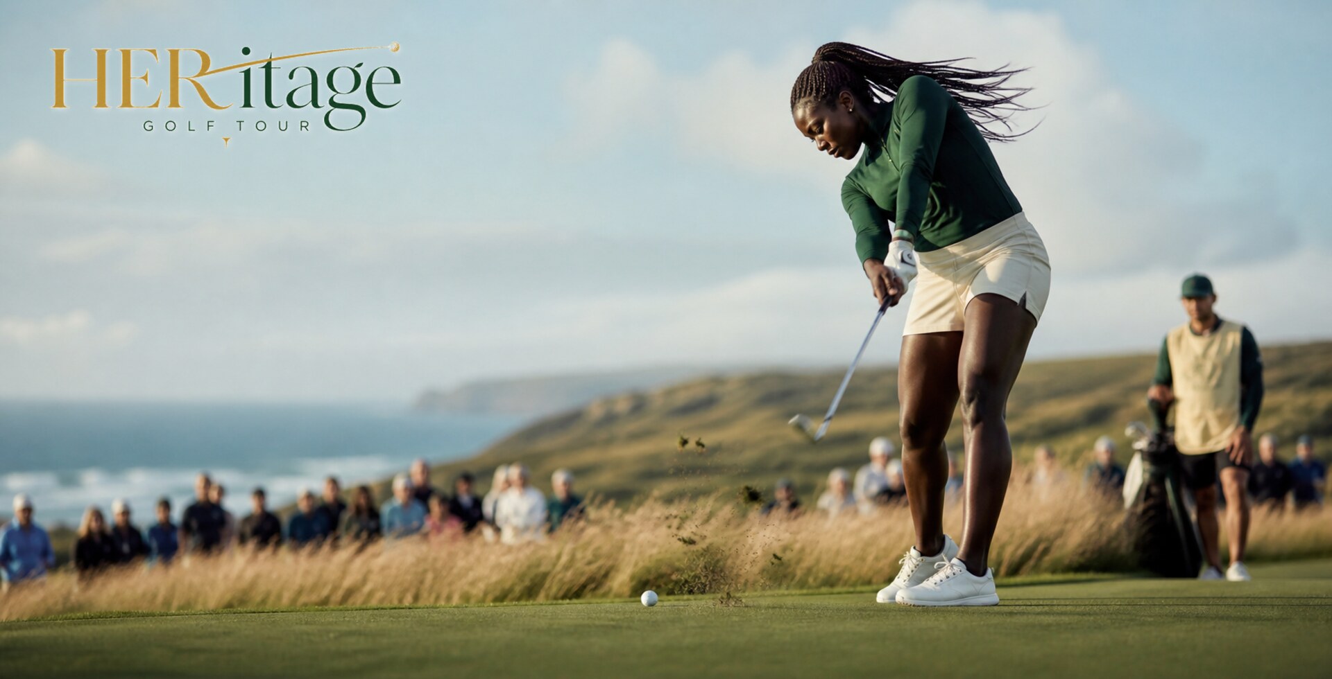 HERitage Golf Tour player on a coastal links course